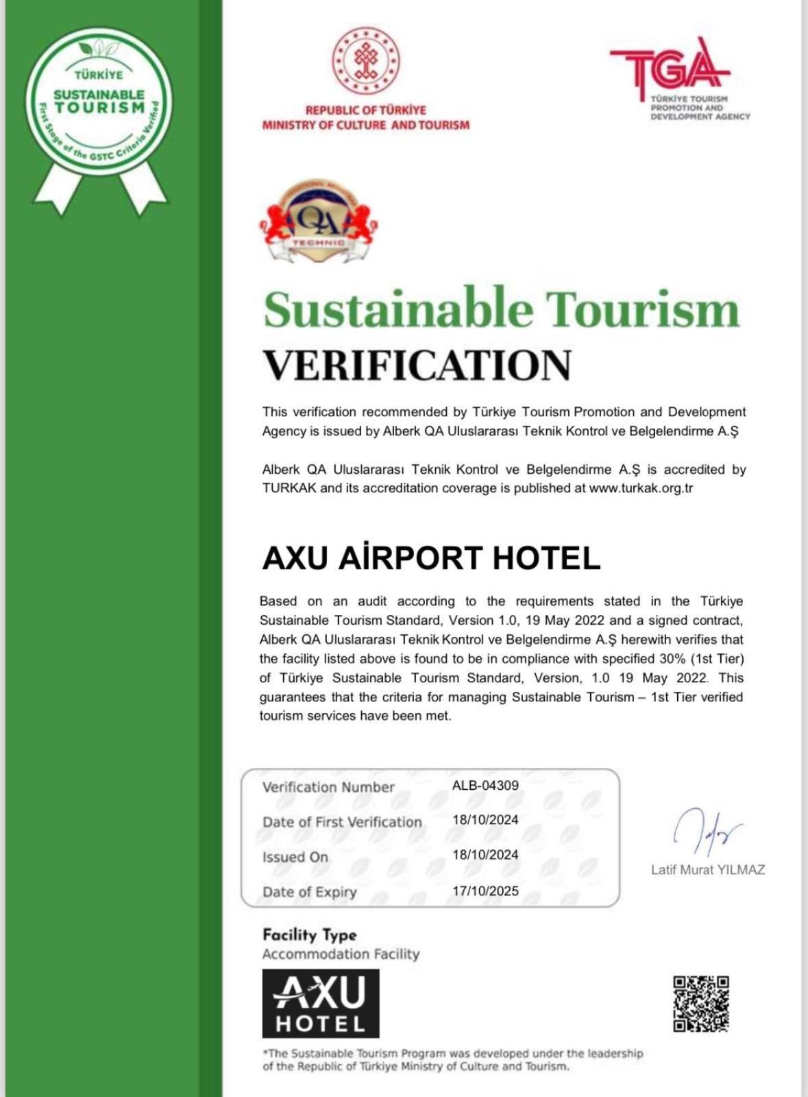 Axu Airport Hotel Arnavutkoy Esterno foto A certificate of the TURQA